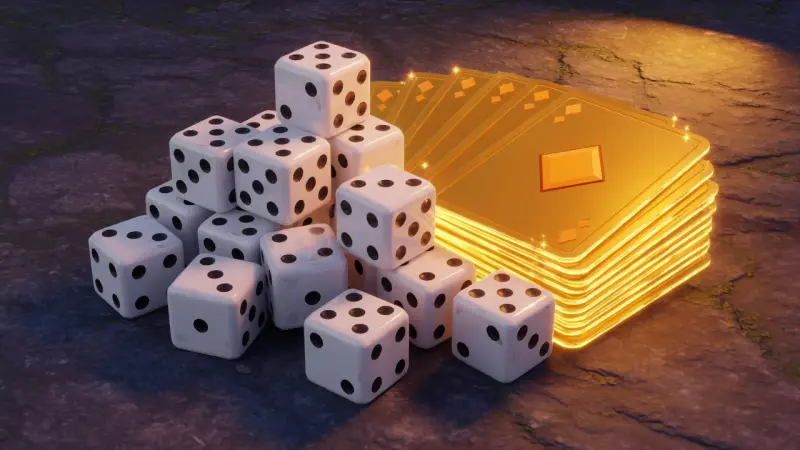 Gold cards and white dice on a dark table