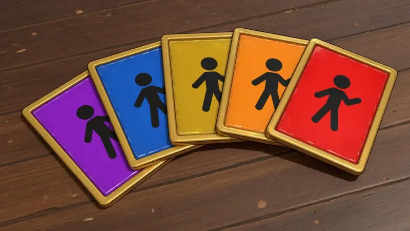 Five colorful stickman cards fanned out