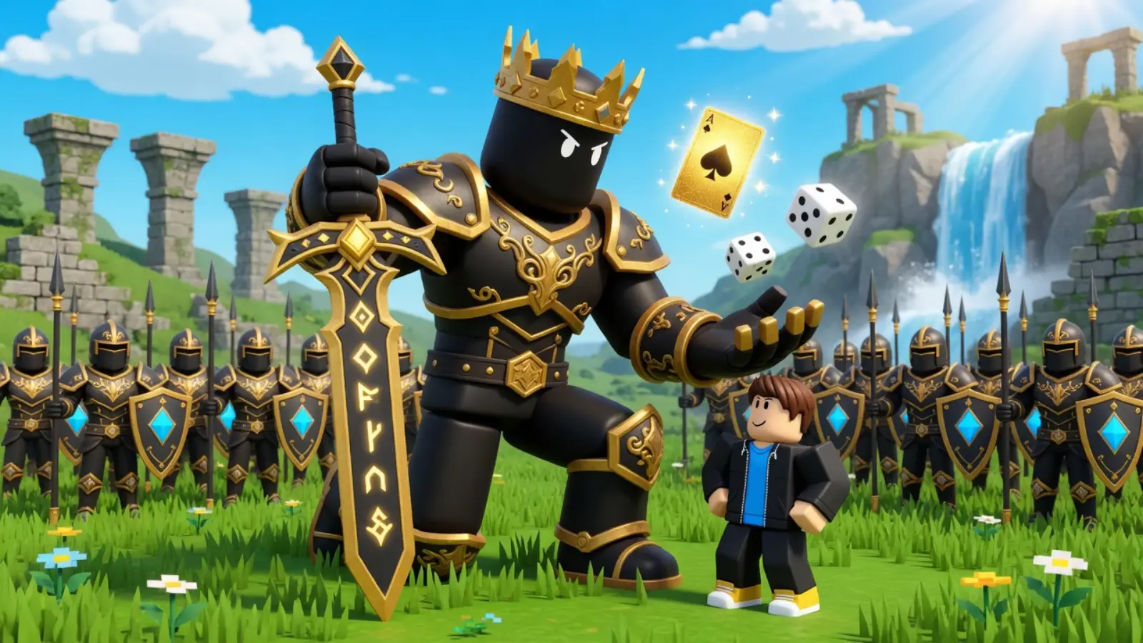 Black and gold stickman king holding a small player stickman above a spear army