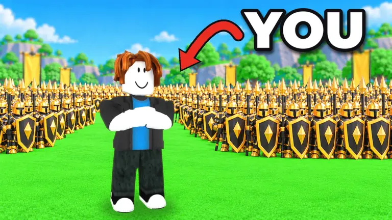 Official Roll A Stickman thumbnail: a blue-shirt player stickman in front of a black-and-gold army
